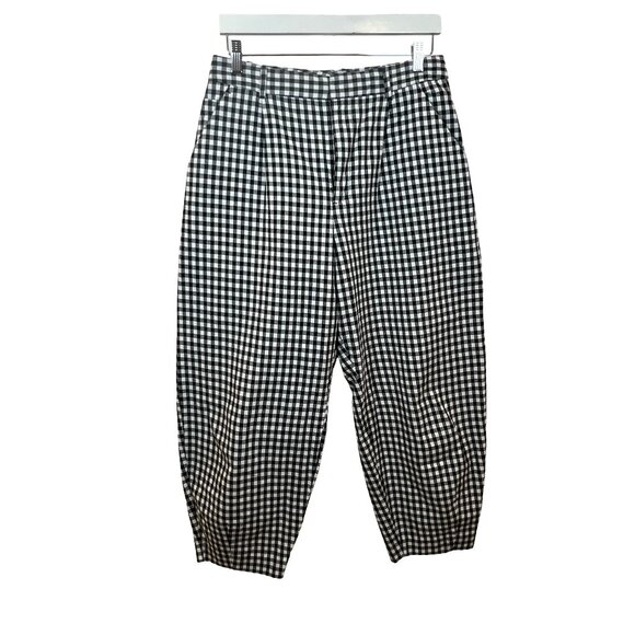 Zara Black and White Checkered Barrel Leg Pleated Cropped Pants Size Large - Picture 1 of 9